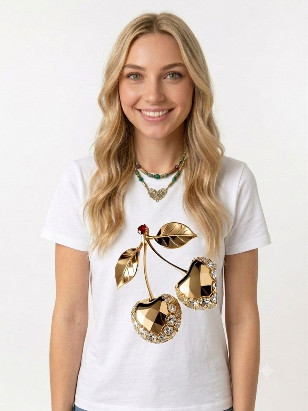 Women's Y2K Golden Cherry Print Tee Shirt  with Diamond Embellishments NEW!